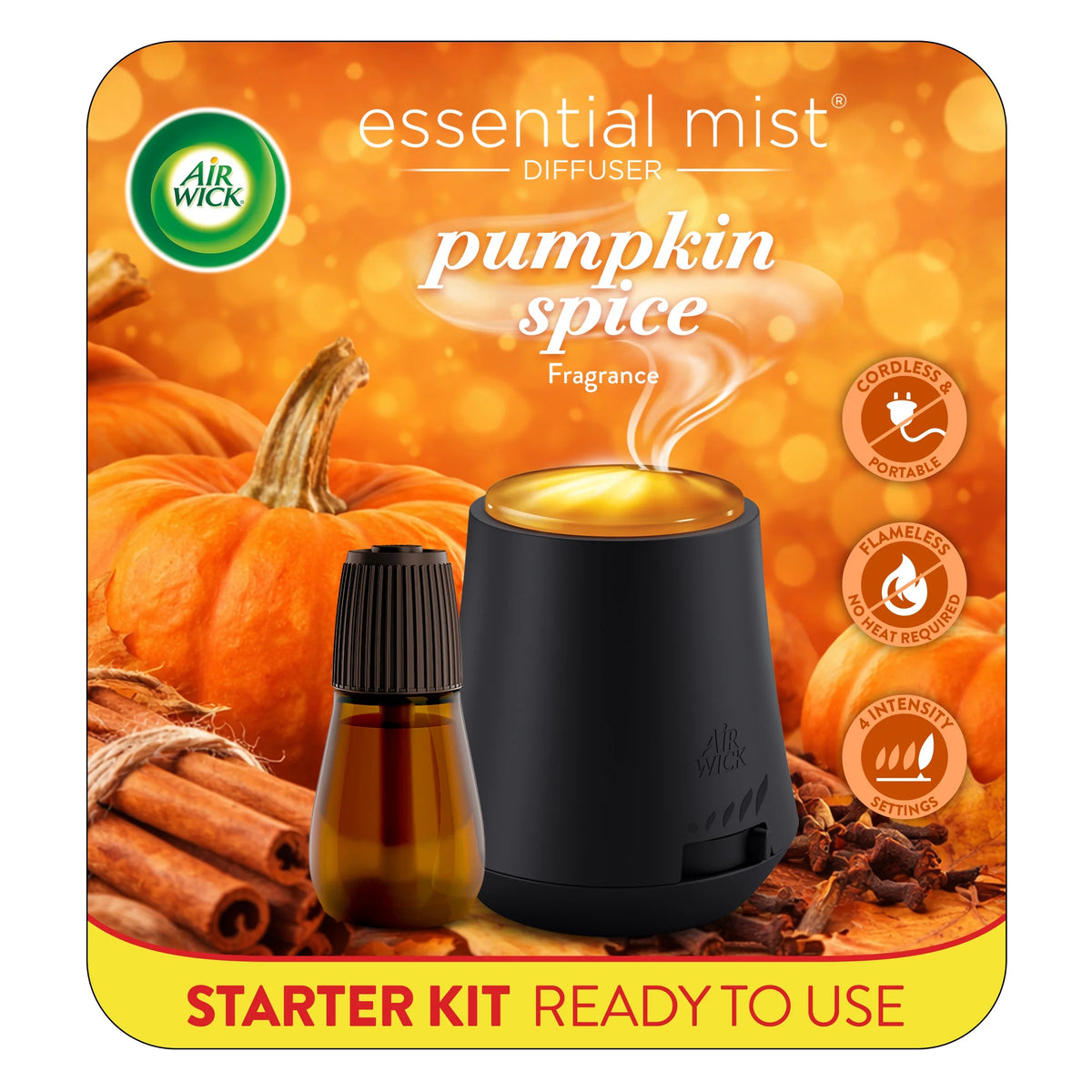 Essential Mist Scented Oil Cordless Diffuser Starter Kit, Pumpkin Spice, 2 Piece