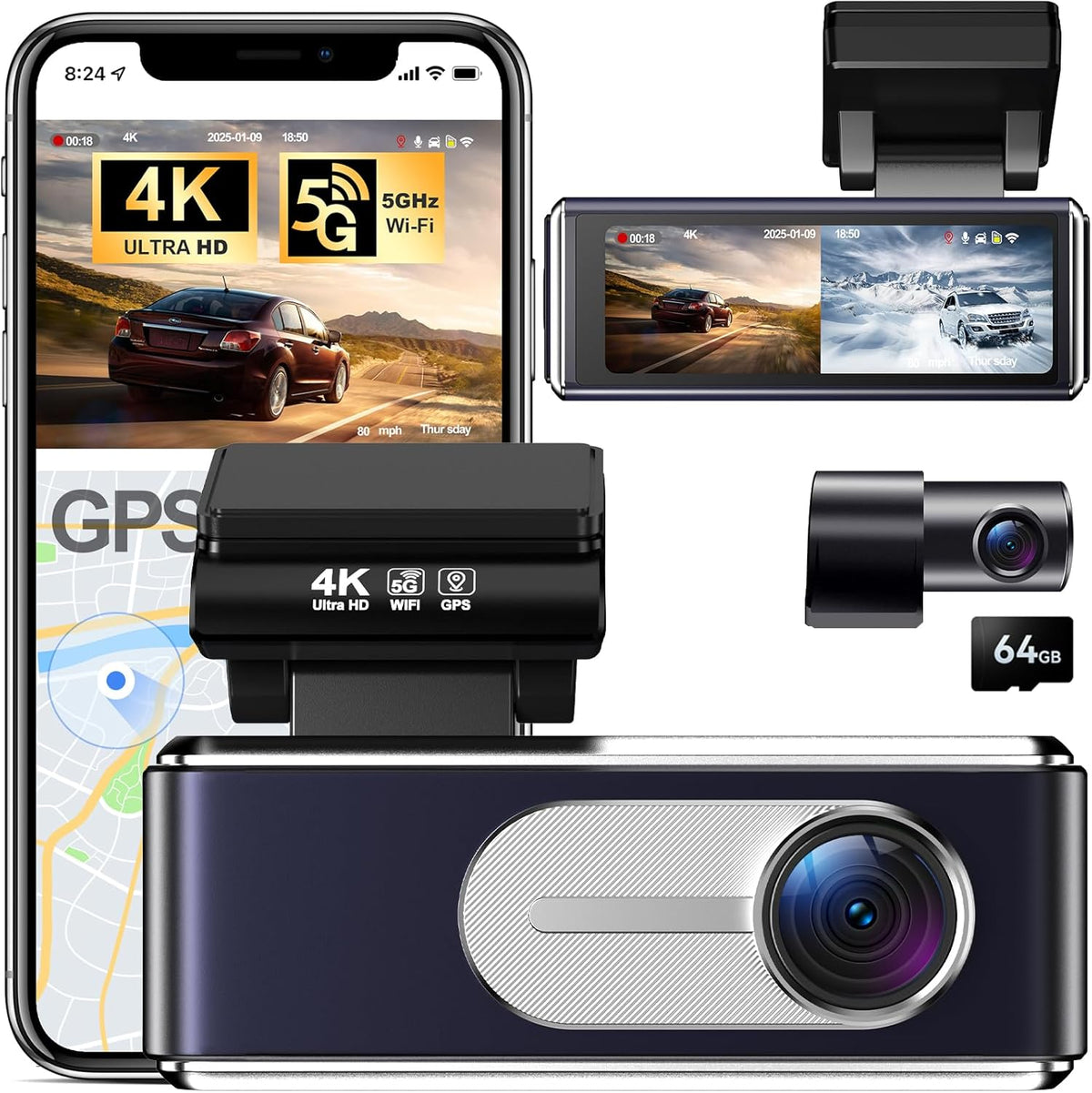 4K Dash Cam Front and Rear,With 64GB Card,Built in 5.8Ghz Wifi & GPS Car Camera,Super Night Vision,Advanced Driver Assistance System,3.2'Ips Screen,24H Parking Mode,Time-Lapse,Loop Recording