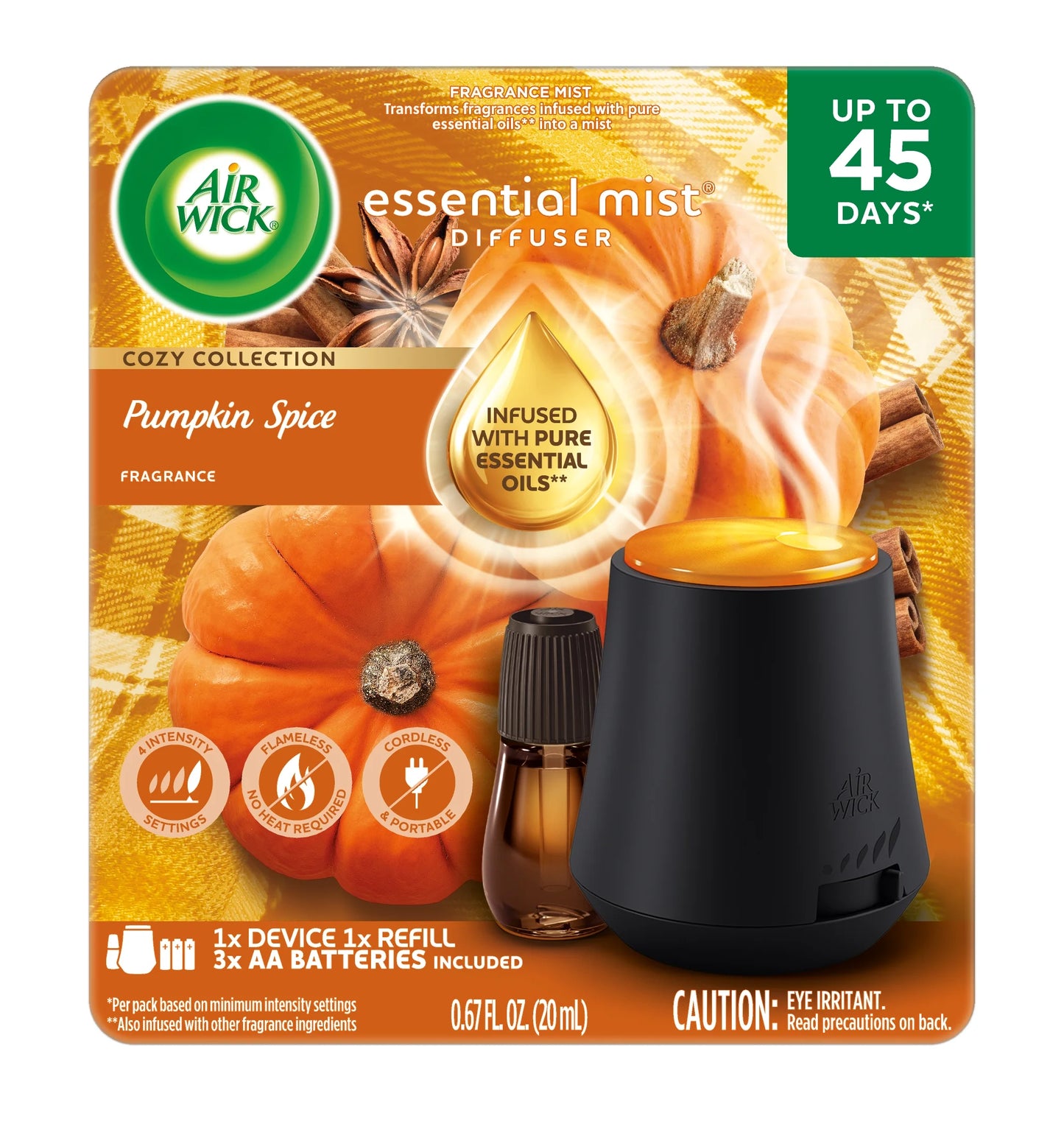 Essential Mist Scented Oil Cordless Diffuser Starter Kit, Pumpkin Spice, 2 Piece