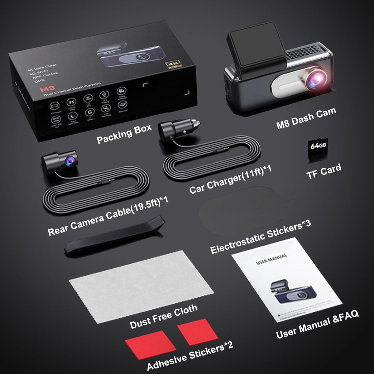 4K Dash Cam Front and Rear,With 64GB Card,Built in 5.8Ghz Wifi & GPS Car Camera,Super Night Vision,Advanced Driver Assistance System,3.2'Ips Screen,24H Parking Mode,Time-Lapse,Loop Recording
